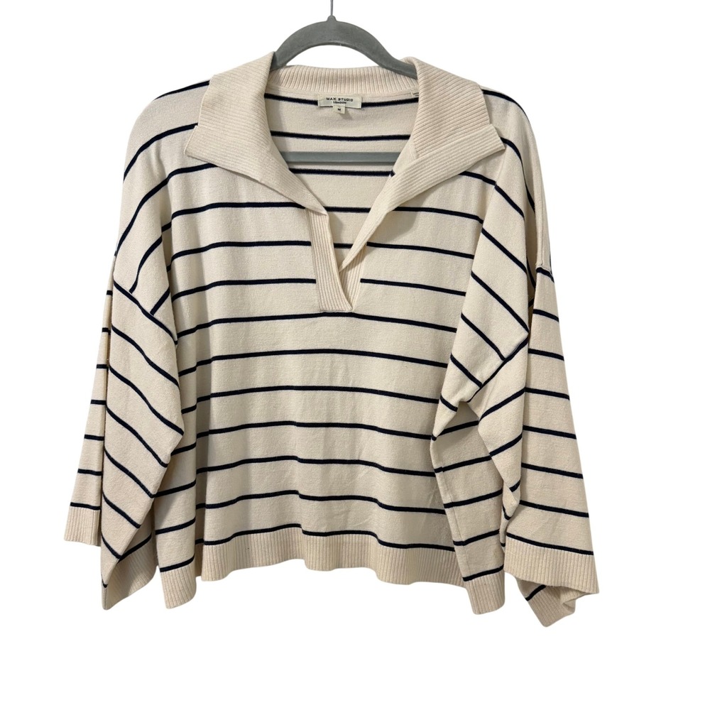 Max Studio London Sweater Womens M Cream Navy Striped Collared Nautical Preppy